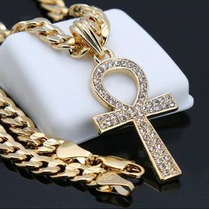Men's Gold Plated Iced Out Ankh w 24" Cuban Link
